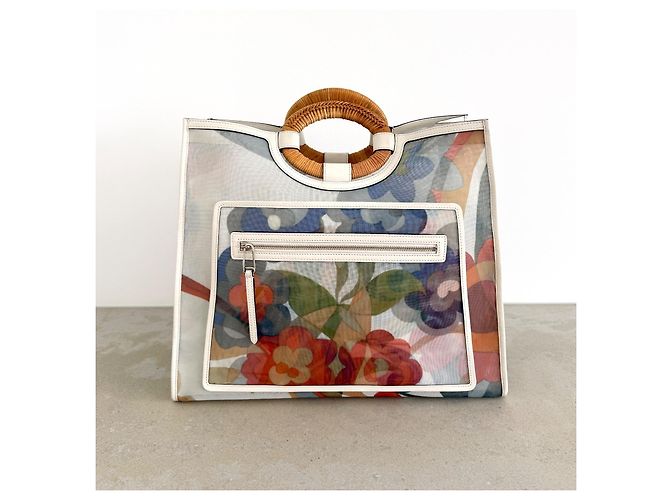 Fendi Runaway Large Shopper Tote in mesh floreale e rattan Bianco Multicolore - vista 2