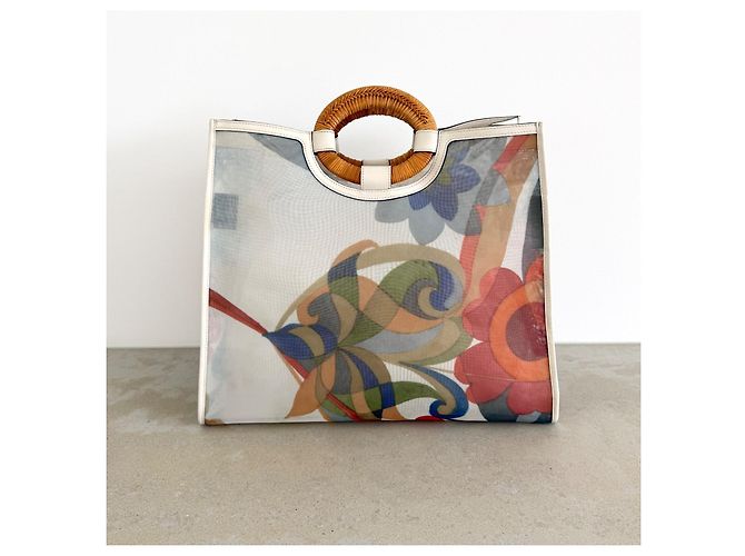 Fendi Runaway Large Shopper Tote in mesh floreale e rattan Bianco Multicolore - vista 5