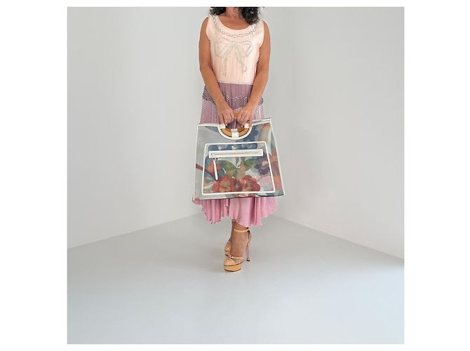 Fendi Runaway Large Shopper Tote in mesh floreale e rattan Bianco Multicolore - vista 9