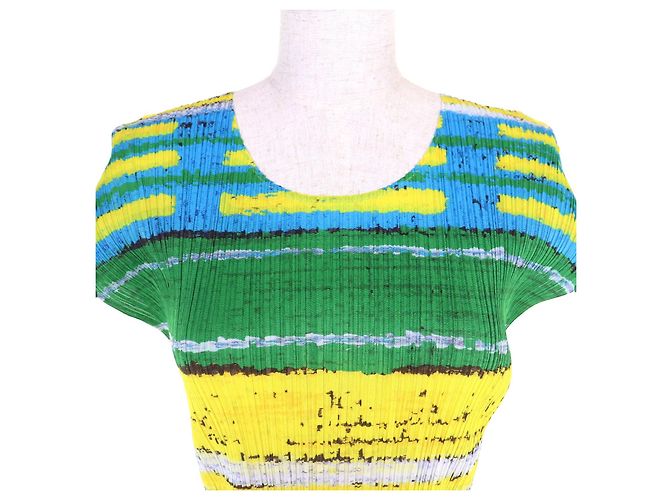 Issey Miyake PLEATS PLEASE Camiseta de poliéster con estampado all-over Azul Verde Amarillo - vista 4