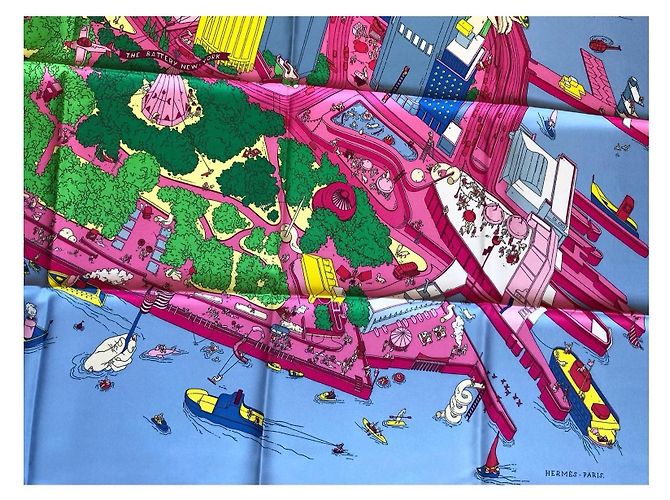 Hermès Foulard "The Battery New York" Edizione Speciale Ugo Gattoni 90cm Nero Rosa Bianco Rosso Blu Verde Giallo - vista 4
