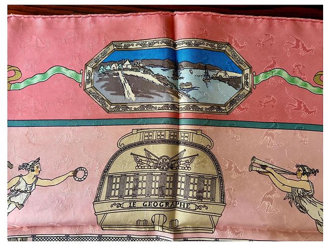 Hermès Le Géographe Damast Seidentuch 90cm Pink Weiß Blau Beige Grün - Ansicht 3