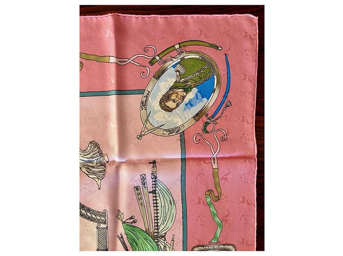 Hermès Le Géographe Damast Seidentuch 90cm Pink Weiß Blau Beige Grün - Ansicht 4