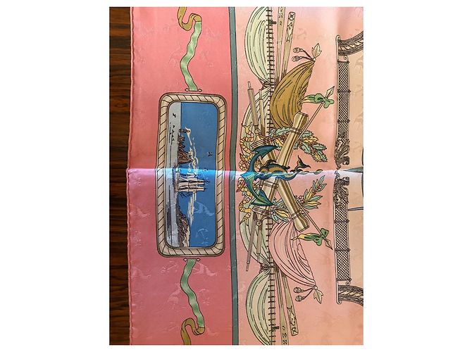 Hermès Le Géographe Damast Seidentuch 90cm Pink Weiß Blau Beige Grün - Ansicht 5