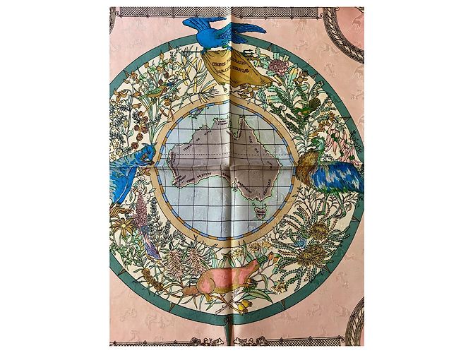 Hermès Le Géographe Damast Seidentuch 90cm Pink Weiß Blau Beige Grün - Ansicht 6