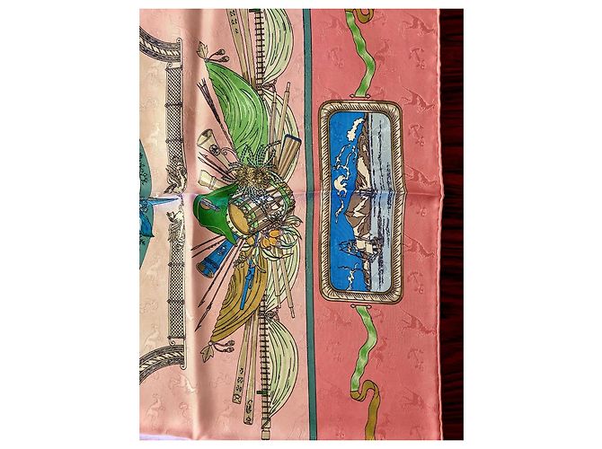 Hermès Le Géographe Damast Seidentuch 90cm Pink Weiß Blau Beige Grün - Ansicht 7
