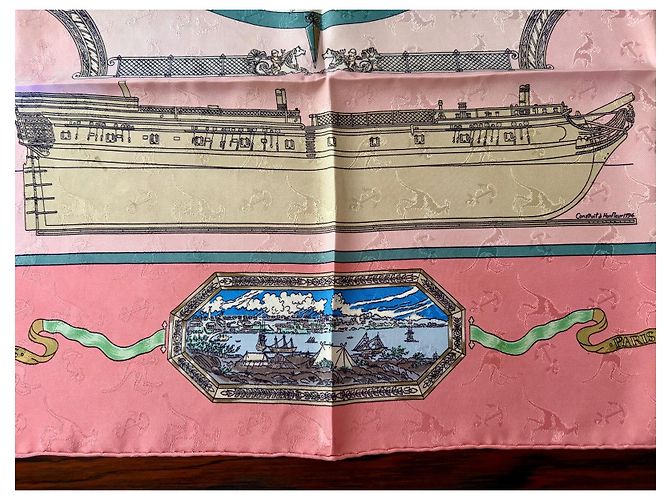 Hermès Le Géographe Damast Seidentuch 90cm Pink Weiß Blau Beige Grün - Ansicht 9