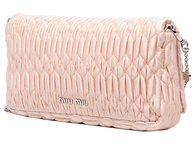Borsa Satchel Miu Miu in raso Matelassé rosa con catena di cristalli - vista 2