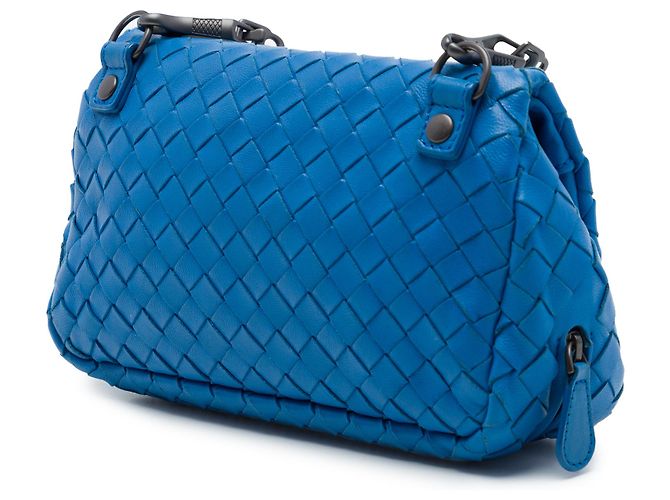 Bottega Veneta Mini Borsa a Tracolla con Patta e Catena Espandibile in Nappa Intrecciato Blu - vista 2