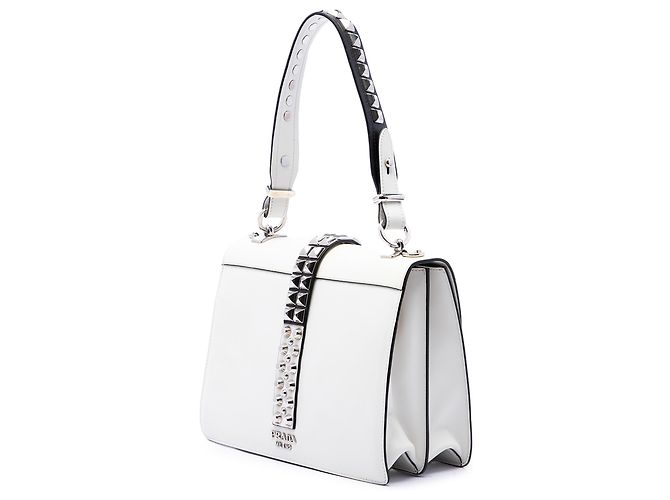 Borsa Satchel Elektra Prada in pelle City Calf e Saffiano bianca borchiata Bianco - vista 2