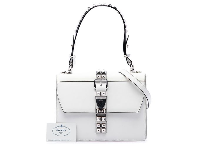 Borsa Satchel Elektra Prada in pelle City Calf e Saffiano bianca borchiata Bianco - vista 7