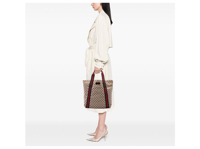 Borsa Tote Gucci in tela GG beige con banda Web - vista 6