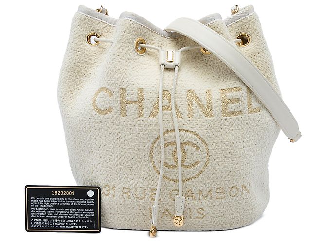 Borsa a secchiello con coulisse Chanel Deauville Small in tweed bianco Crudo - vista 7