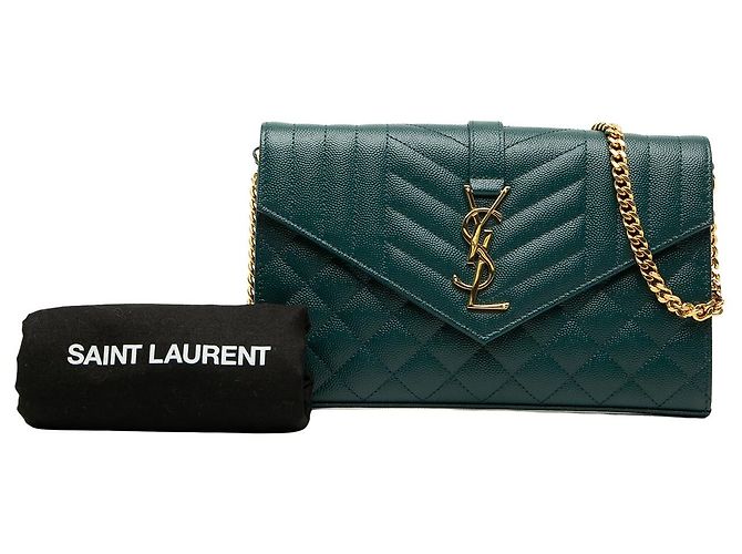 Autre Marque Saint Laurent Green Grain De Poudre Triquilt Monogram Envelope Wallet on Chain Grün - Ansicht 7