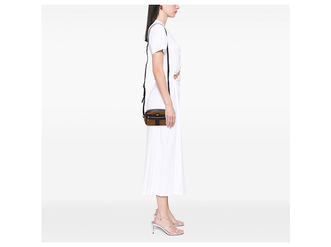 Gucci Mini Borsa a Tracolla Ophidia in Suede Marrone con Web - vista 6