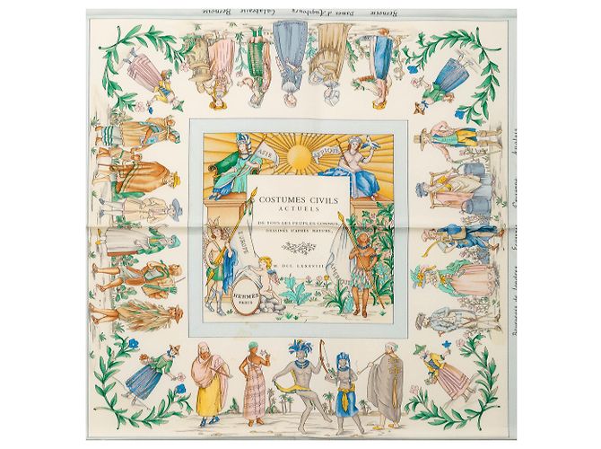 Foulard di seta Hermès White Costumes Civils Actuels 90 Bianco - vista 2