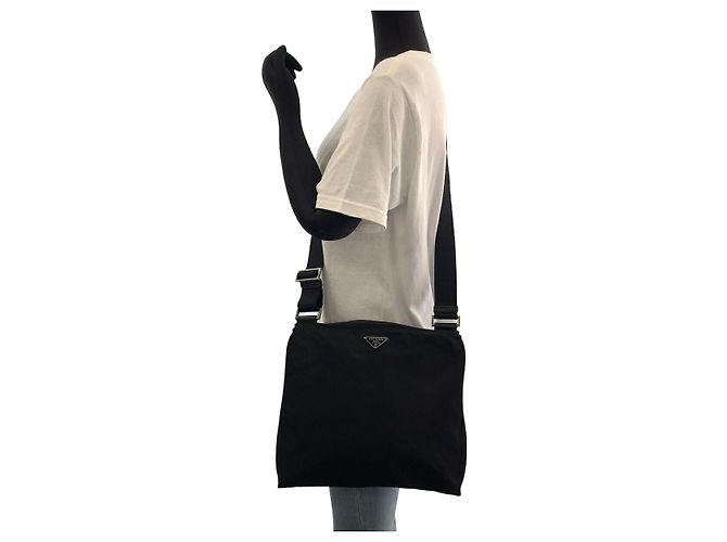 Sac bandoulière Prada Tessuto avec logo triangle Noir - vue 7