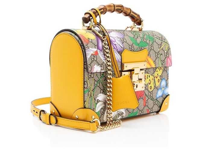 Gucci GG Supreme Flora Bamboo Padlock Top Handle Castaño Beige - vista 2