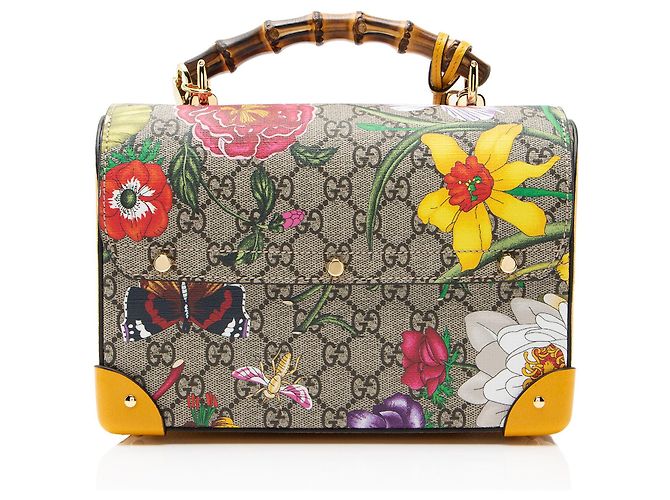 Gucci GG Supreme Flora Bamboo Padlock Top Handle Castaño Beige - vista 3