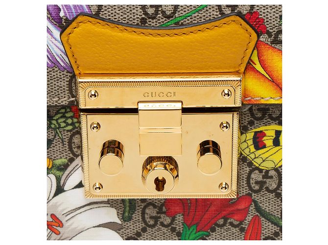 Gucci GG Supreme Flora Bamboo Padlock Top Handle Castaño Beige - vista 9