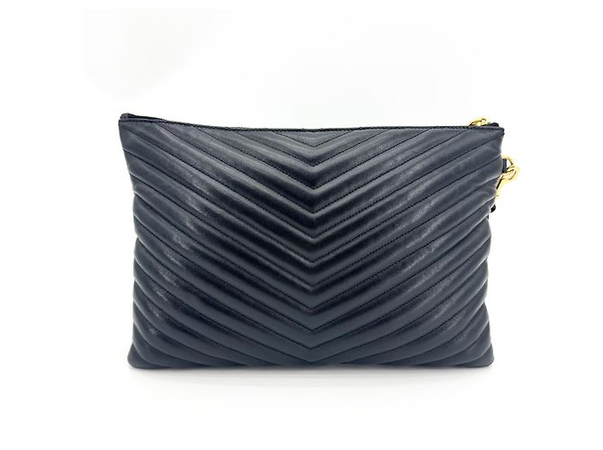Autre Marque Saint Laurent Classic Monogram Wristlet Matelasse Chevron Leather Small Noir - vue 2