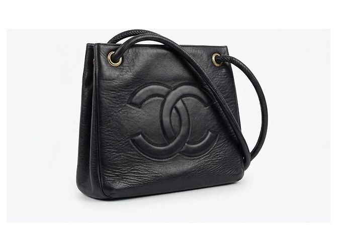 Chanel Vintage Schultertasche aus schwarzem Leder mit CC-Logo - Ansicht 7