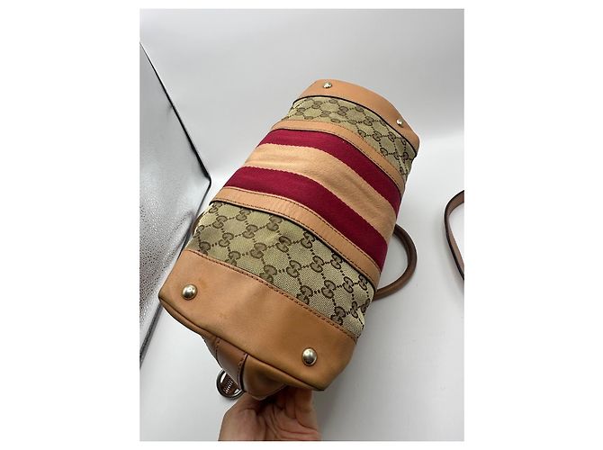 Gucci Boston Bag aus Monogramm-Canvas mit Streifen Braun Rot Beige - Ansicht 15