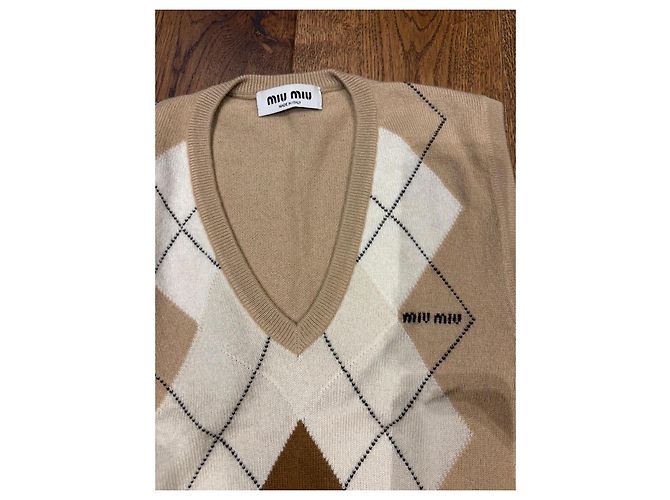 Miu Miu Argyle Strickweste aus Kaschmir Braun Weiß Beige - Ansicht 2