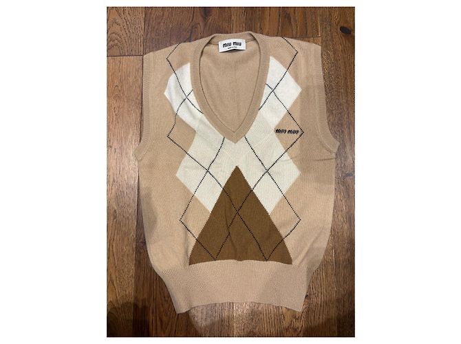 Miu Miu Argyle Strickweste aus Kaschmir Braun Weiß Beige - Ansicht 7