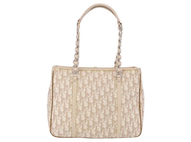 Borsa Tote a catena Christian Dior Trotter Canvas PVC Avorio Argento Auth 206261A Crudo - vista 2