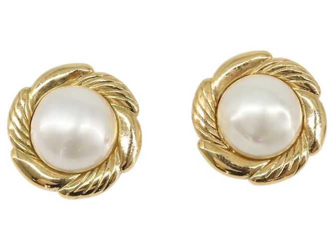 Boucles d'oreilles CHANEL Métal Doré Blanc CC Auth bs37086 - vue 2
