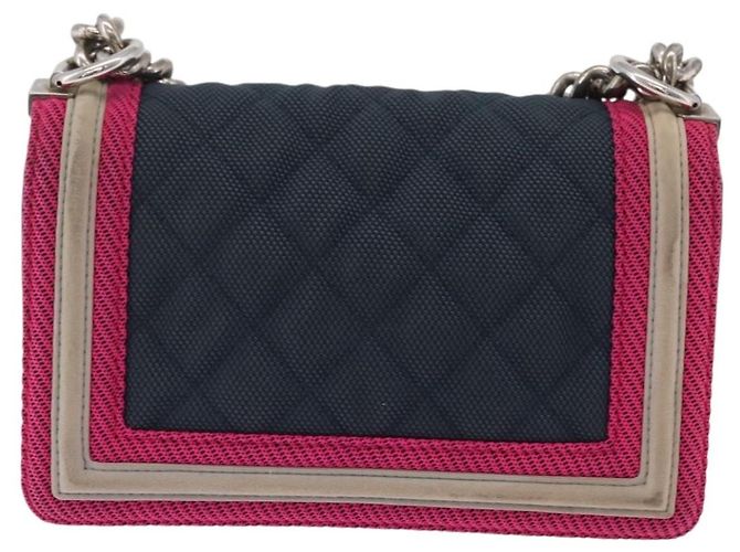 Borsa a tracolla CHANEL Boy Chanel Matelassé con catena in tela blu navy e argento Auth 206385A - vista 3