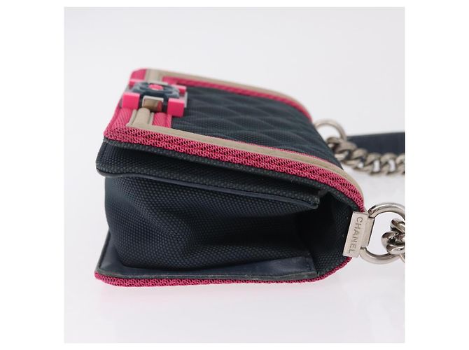 Borsa a tracolla CHANEL Boy Chanel Matelassé con catena in tela blu navy e argento Auth 206385A - vista 5