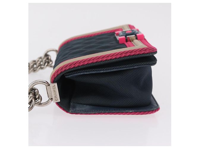 Borsa a tracolla CHANEL Boy Chanel Matelassé con catena in tela blu navy e argento Auth 206385A - vista 6