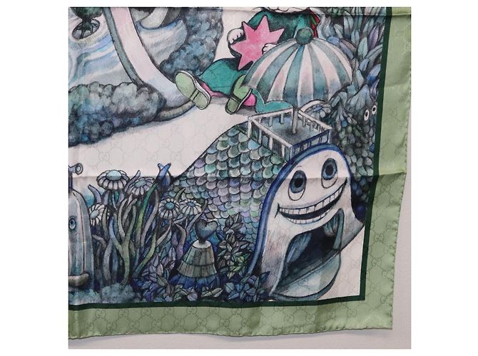 Pañuelo GUCCI Yuko Higuchi GG de seda Verde Blanco 863477 Auth 204930M - vista 10