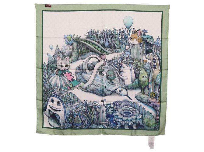 Pañuelo GUCCI Yuko Higuchi GG de seda Verde Blanco 863477 Auth 204930M - vista 11