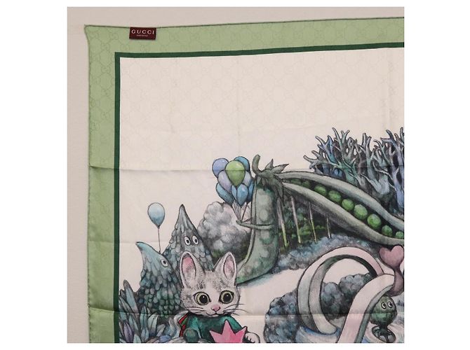 Pañuelo GUCCI Yuko Higuchi GG de seda Verde Blanco 863477 Auth 204930M - vista 12