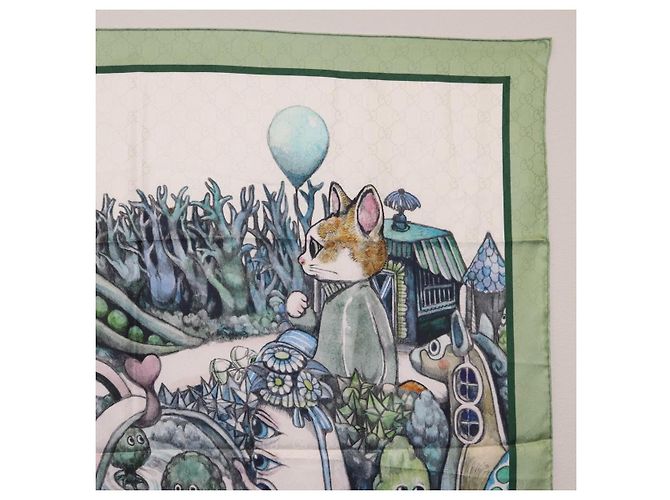 Pañuelo GUCCI Yuko Higuchi GG de seda Verde Blanco 863477 Auth 204930M - vista 14