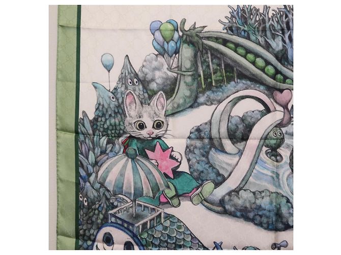 Pañuelo GUCCI Yuko Higuchi GG de seda Verde Blanco 863477 Auth 204930M - vista 15