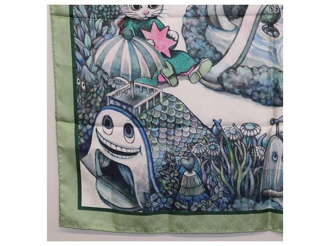 Pañuelo GUCCI Yuko Higuchi GG de seda Verde Blanco 863477 Auth 204930M - vista 18