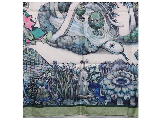 Pañuelo GUCCI Yuko Higuchi GG de seda Verde Blanco 863477 Auth 204930M - vista 19