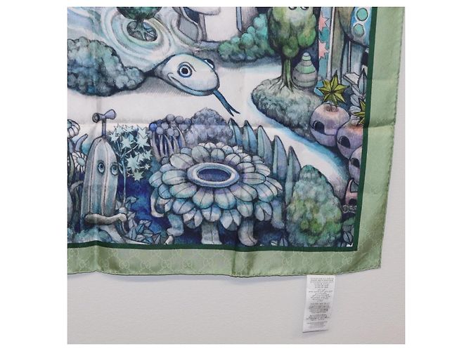 Pañuelo GUCCI Yuko Higuchi GG de seda Verde Blanco 863477 Auth 204930M - vista 20