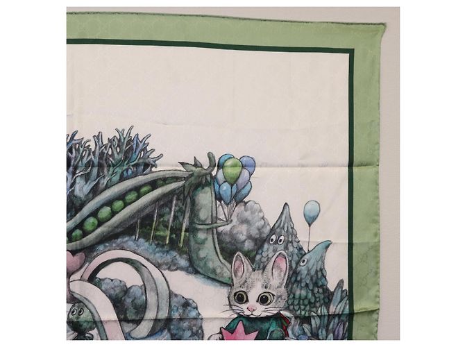 Pañuelo GUCCI Yuko Higuchi GG de seda Verde Blanco 863477 Auth 204930M - vista 4