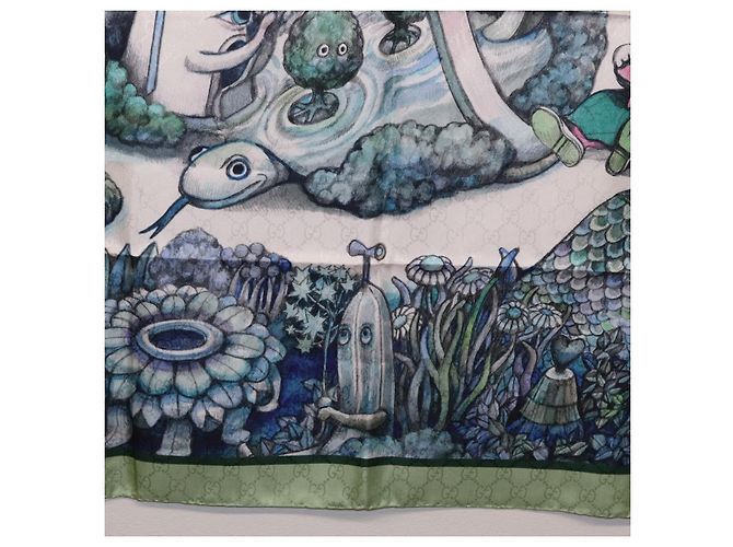 Pañuelo GUCCI Yuko Higuchi GG de seda Verde Blanco 863477 Auth 204930M - vista 9