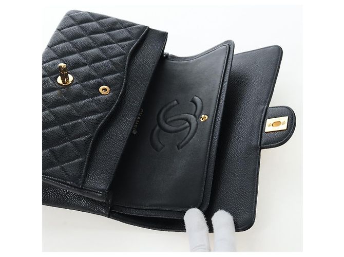 Borsa CHANEL Double Flap Chain Matelasse Pelle Caviar Nero Oro CC Auth am12621SM D'oro - vista 23