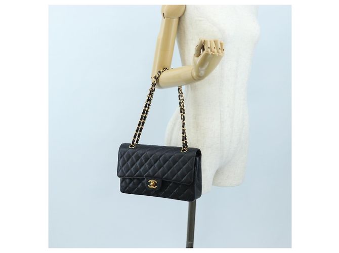Borsa CHANEL Double Flap Chain Matelasse Pelle Caviar Nero Oro CC Auth am12621SM D'oro - vista 30