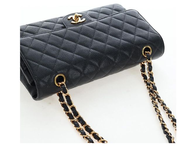 Borsa CHANEL Double Flap Chain Matelasse Pelle Caviar Nero Oro CC Auth am12621SM D'oro - vista 6