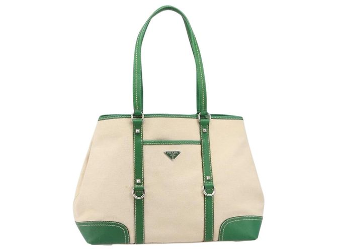 Bolso Tote PRADA Canvas Beige Green Auth gh2350 Verde - vista 13