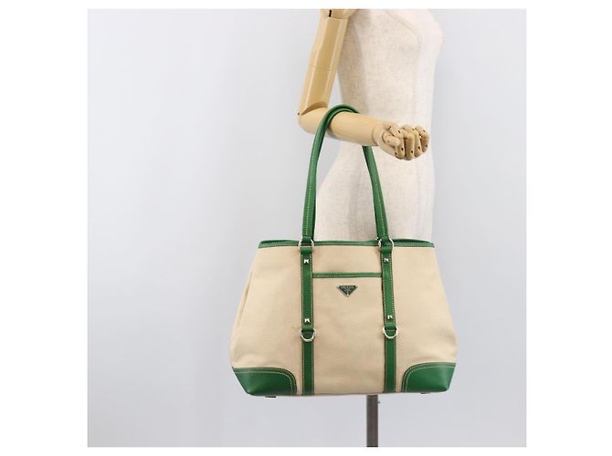 Bolso Tote PRADA Canvas Beige Green Auth gh2350 Verde - vista 28