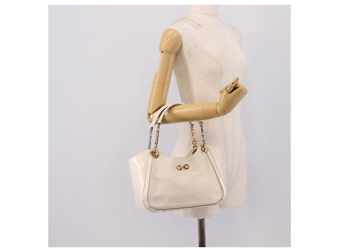 Borsa Tote Salvatore Ferragamo Gancini Chain Leather White Gold Auth 206356A Bianco D'oro - vista 26